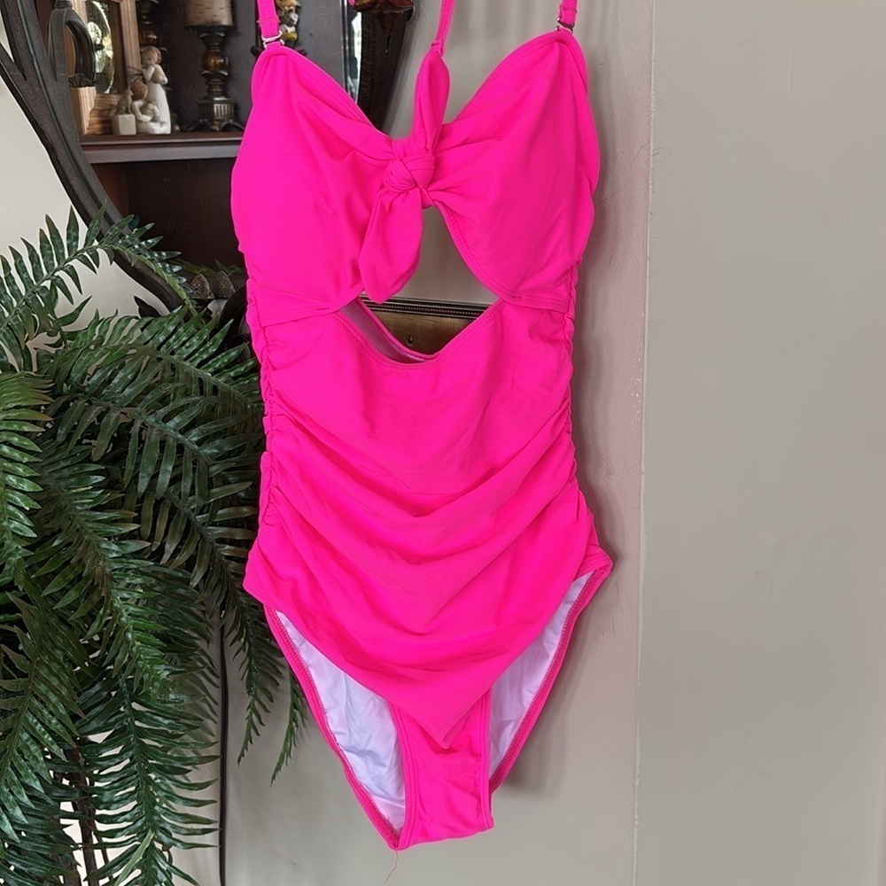 Brand New Tempt Me Hot Pink Tie Up Halter One-Piece Swimsuit Cutout Ruched Retro - Picture 7 of 16